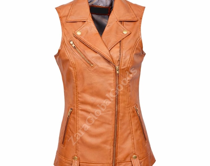 Women’s Tan Leather Moto Vest | Slim Fit Sleeveless Biker Waistcoat | Real Leather Statement Piece