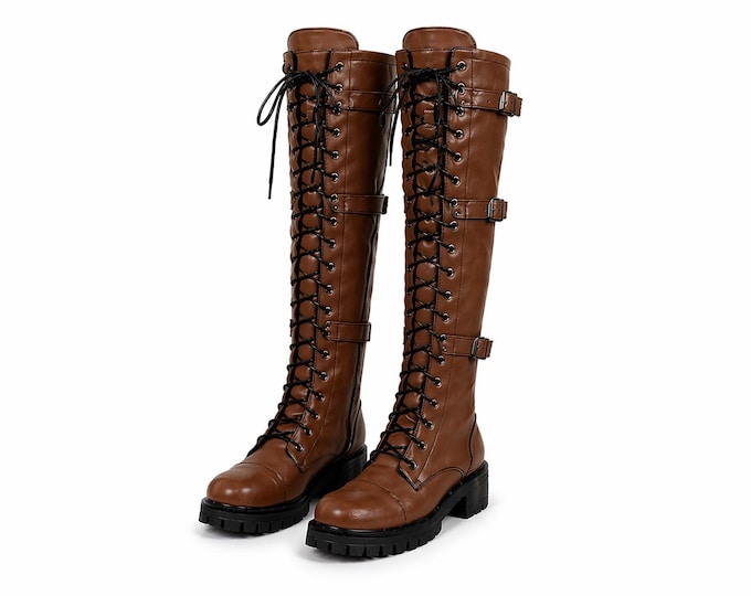 Handmade Over-the-Knee Leather Corset Boots, Gothic Lace-Up Thigh High Boots