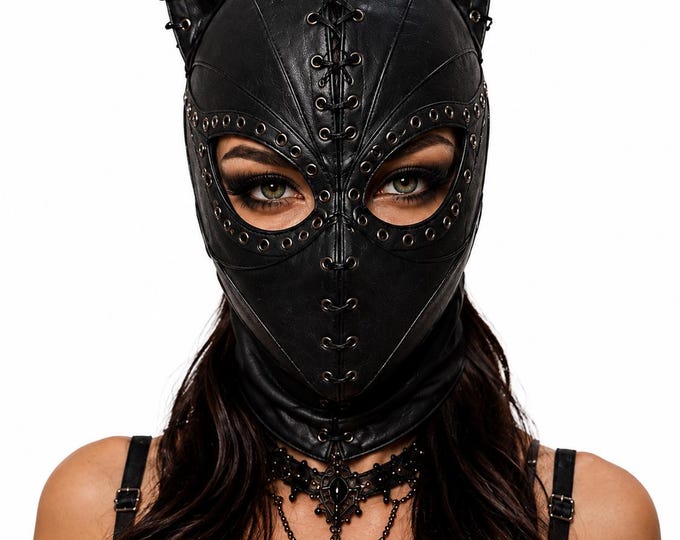 Leather Cat Face Mask, Gothic Cosplay Hood, Adjustable Laced Mask