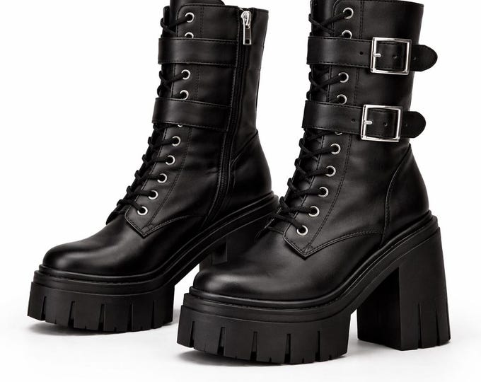 Platform Ankle Boots Chunky Heel Black Leather Buckle Combat Boots Women