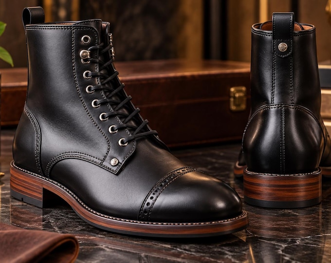 Genuine Leather Lace Up Ankle Boots, Handmade Men’s Dress Shoes, Custom Size Footwear
