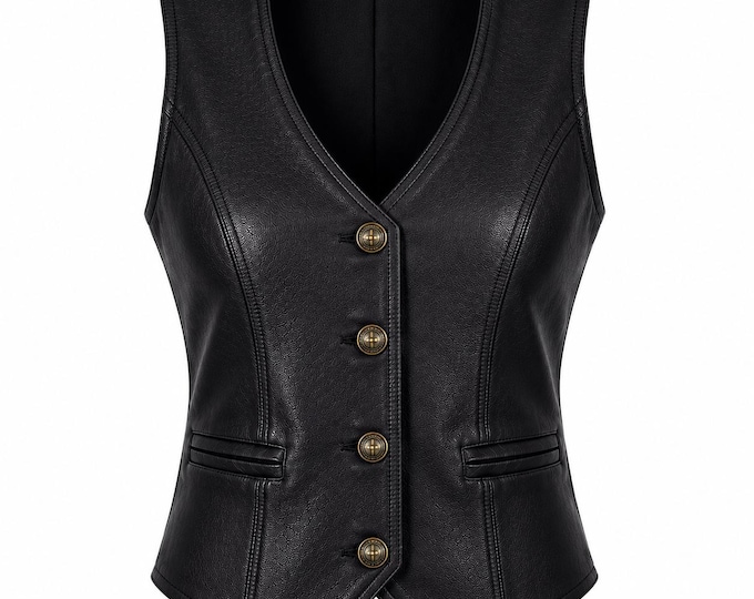 Women’s Genuine Leather Vest Black Slim Fit V Neck Button Front Motorcycle Waistcoat