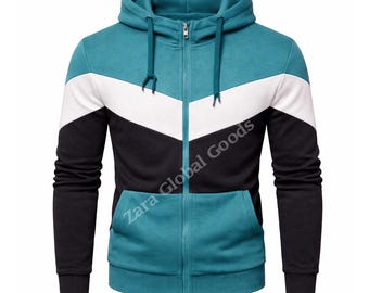 Men’s Teal Color Block Hoodie Jogger Set Zip Up Tracksuit for Casual & Winter Wear