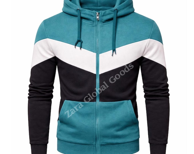 Men’s Teal Color Block Hoodie Jogger Set Zip Up Tracksuit for Casual & Winter Wear