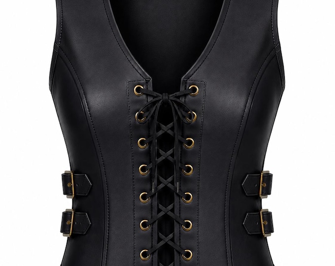 Women Gothic Leather Corset Vest Lace Up Biker Western Waistcoat