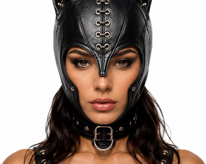 Leather Cat Ear Hood Mask, Open Face Gothic Cosplay Headpiece, Handmade Costume Mask