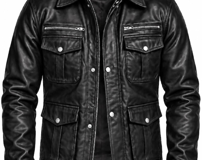 Men’s Genuine Leather Jacket, Multi-Pocket Field Jacket, Handmade Motorcycle Coat