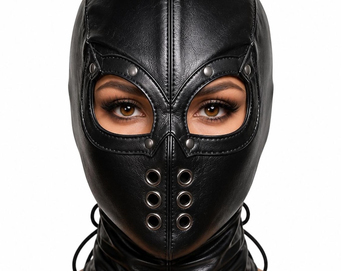 Gothic Leather Mask, Open Eye Cosplay Headgear, Lace-Up Back, Handmade Costume Hood