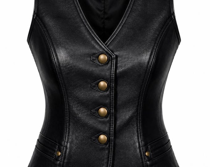 Women's Genuine Leather Waistcoat, Handmade Button-Front Biker Style, Custom Fit Motorcycle Apparel