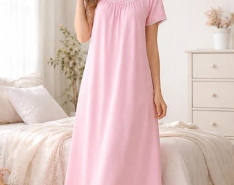 Long Pink Nightgown for Women | Cotton Sleep Dress with Lace Detail | Relaxed Fit Nightwear