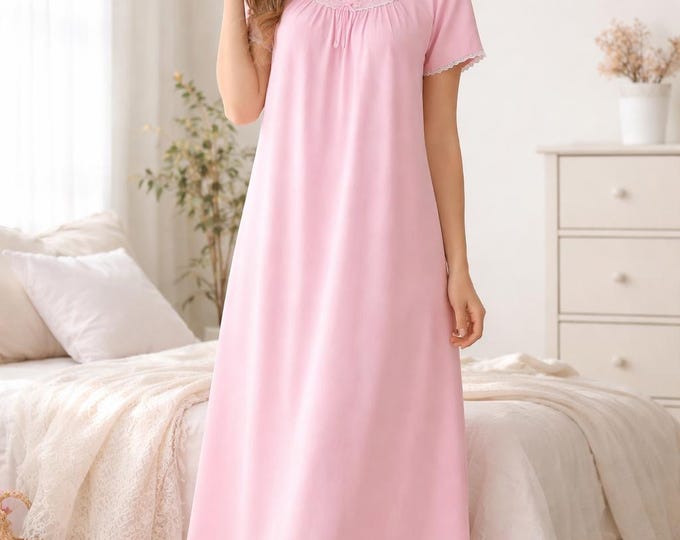 Long Pink Nightgown for Women | Cotton Sleep Dress with Lace Detail | Relaxed Fit Nightwear