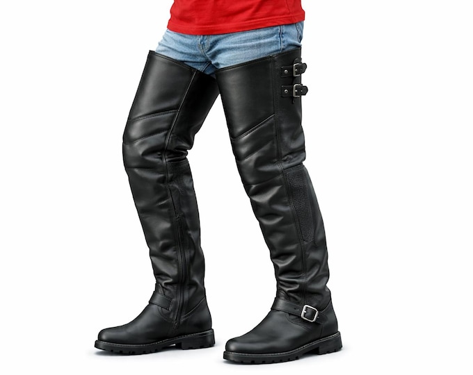 Motorcycle Leather Thigh High Boots Unisex Protective Riding Over Knee Biker Boots