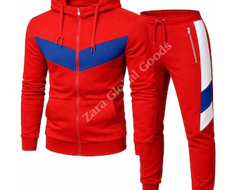 Men’s Red Color Block Hoodie Jogger Set Zip Up Tracksuit for Casual & Winter Wear