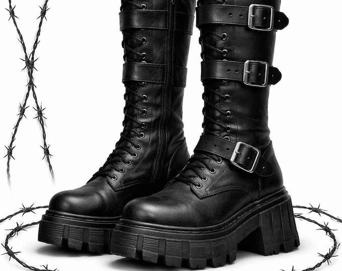 Knee High Platform Boots Chunky Leather Combat Goth Punk Buckle Thick Sole Women Boots