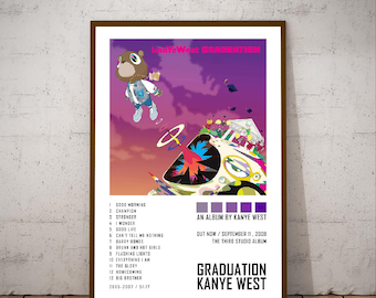 Puede incluir: Póster enmarcado del álbum "Graduation" de Kanye West. La obra de arte presenta un oso de dibujos animados con una chaqueta azul contra un cielo púrpura. El póster incluye la lista de canciones del álbum, la fecha de lanzamiento y el título del álbum.