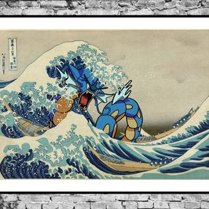 May include: A framed print featuring a stylized depiction of a blue and orange sea creature battling in a large ocean wave. The artwork is inspired by Japanese art, with a light beige background and blue and white waves.