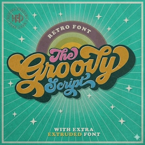 May include: A vintage-inspired graphic design with the words "The Groovy Script" in a layered font. The design features a teal background with star accents, the text "Retro Font", and "With Extra Extruded Font". The overall style evokes the 1970s.