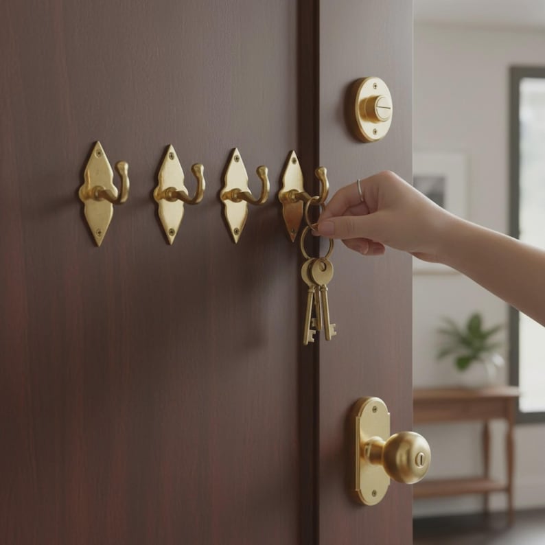 May include: A dark brown wooden door with brass hardware, including a doorknob, deadbolt, and key hooks. A hand is holding a set of keys near the hooks. The hooks are decorative and diamond-shaped.