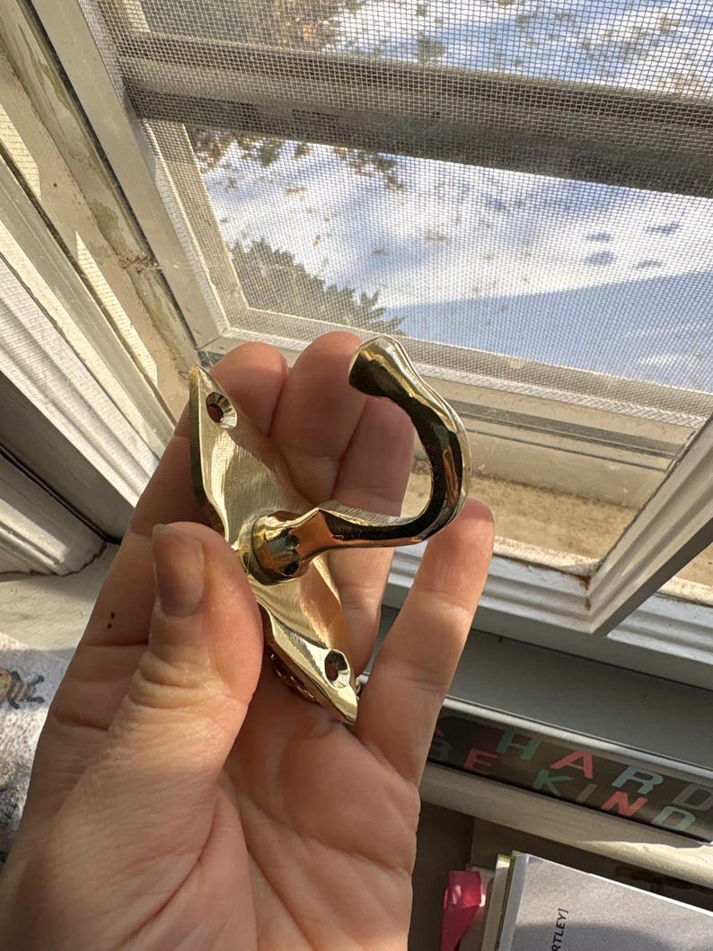 May include: A shiny gold-colored metal hook with a curved design. The hook has a decorative base with screw holes for mounting. The hook is held in a hand near a window.
