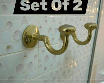Set Of 2 Unlacquered Brass Wall Hooks | Vintage, Antique, Heavy Duty Decorative Hooks for Coats, Towels | Home Decor