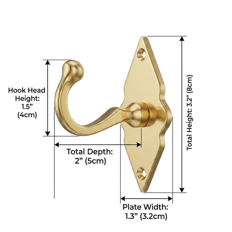 May include: A gold-colored wall hook with a decorative diamond-shaped backplate. The hook head is 1.5 inches (4cm) high, with a total depth of 2 inches (5cm). The plate width is 1.3 inches (3.2cm), and the total height is 3.2 inches (8cm).