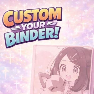 Può includere: Un raccoglitore per carte rosa chiaro con un'illustrazione in stile anime di una persona che abbraccia una creatura felina sulla copertina. Il testo CUSTOM YOUR BINDER! appare in alto e YOUR DESIGN • YOUR STYLE • YOUR WAY! in basso.