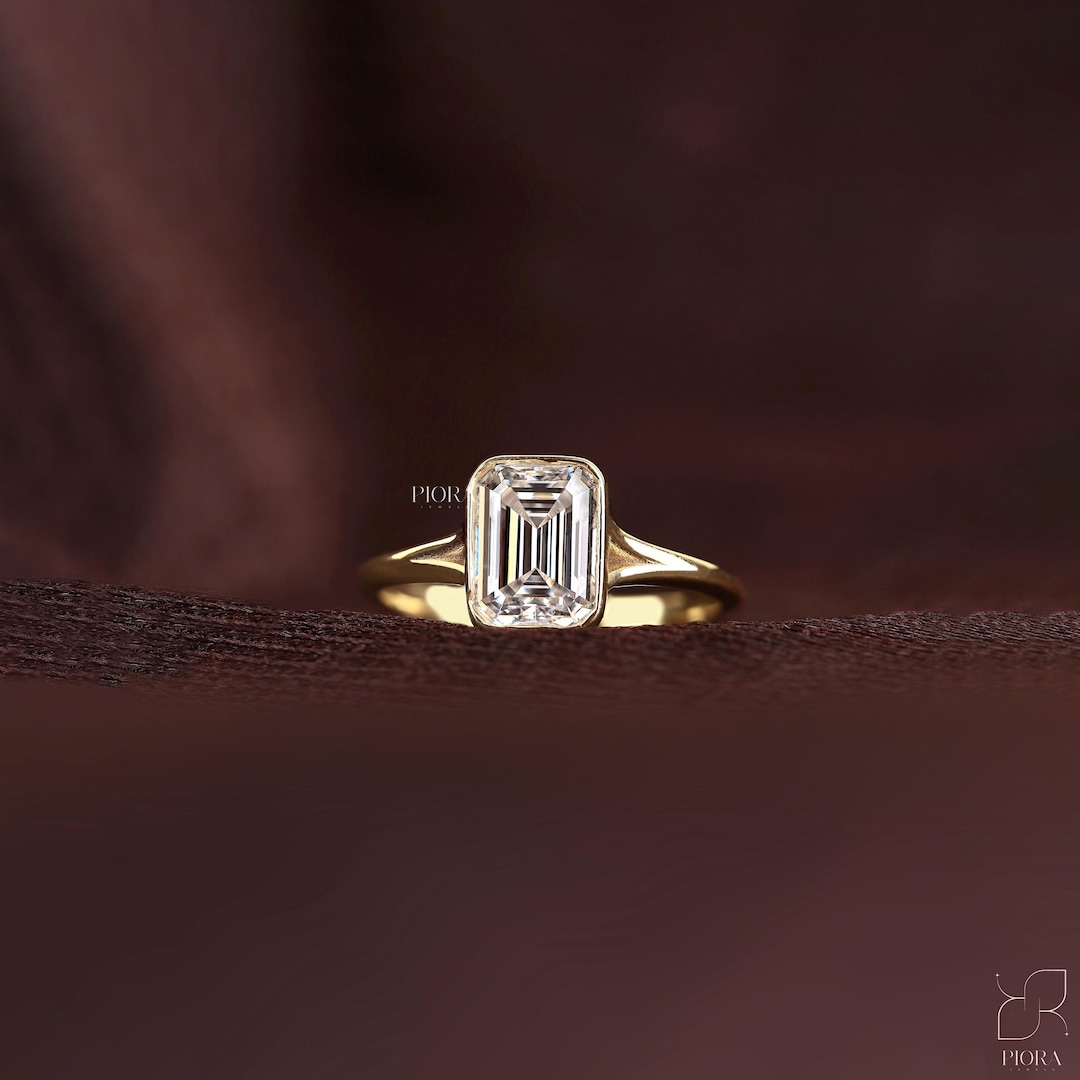 Emerald Cut Lab Grown Diamond Ring, Bezel Set Solitaire, Solid Gold ...