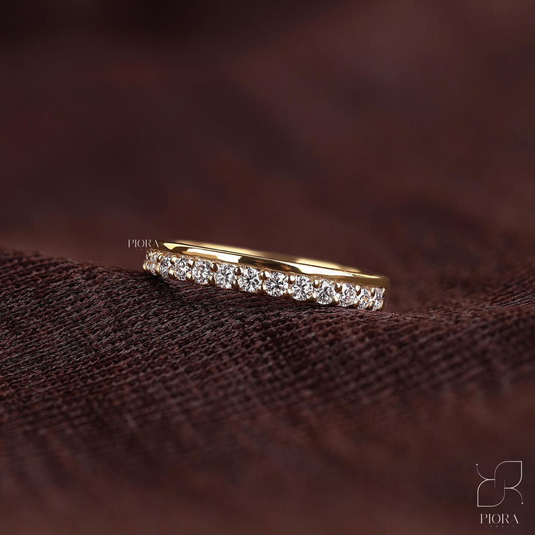 Lab Grown Diamond Double Row Micro Pave Band, Solid Gold Half Eternity ...