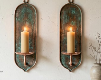 Set of 2 Green Patina Copper Wall Sconces, Luxury Handmade Moroccan Brass Candle Holders