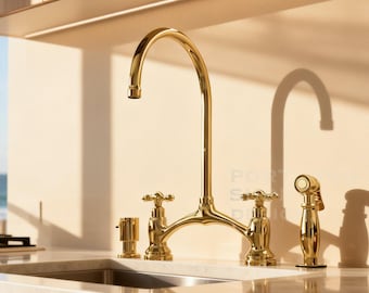 Victorian Unlacquered Brass Bridge Faucet – 8 Inch Center Set Farmhouse Sink Tap