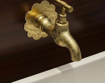 Antique Brass Faucet, Ornate Victorian Backplate, Handmade Moroccan Bath Tap