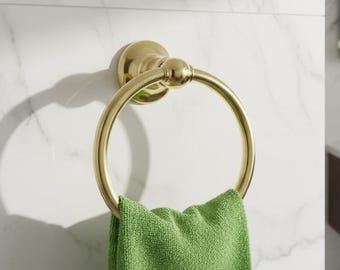 Solid Brass Brushed Gold Towel Ring, Modern Minimalist Bathroom Holder, Morocco Handmade Accessory