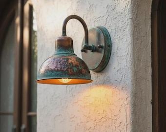 Copper Gooseneck Wall Light – Rustic Patina Outdoor Farmhouse Sconce*