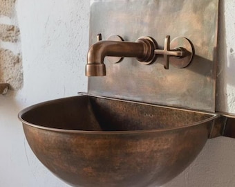 Handmade Aged Copper Wall Mount Sink Faucet, Solid Copper Bathroom Basin, Rustic Moroccan Vanity