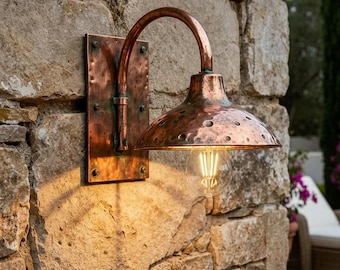 Handmade Copper Gooseneck Wall Sconce, Rustic Farmhouse Outdoor Light