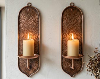 Set of 2 Green Patina Hammered Copper Arched Sconces – Handmade Brass Wall Candle Holders