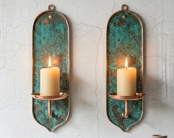Set of 2 Green Patina Copper Wall Sconces, Luxury Handmade Moroccan Brass Candle Holders