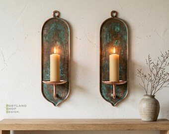 Set of 2 Green Patina Copper Arched Sconces – Handmade Brass Wall Candle Holders