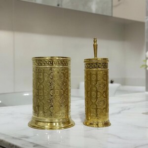 Unlacquered Brass Bathroom Set, Moroccan Basket Bin, Brush Holder, Vintage Decor