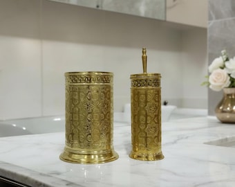Unlacquered Brass Bathroom Set, Moroccan Basket Bin, Brush Holder, Vintage Decor