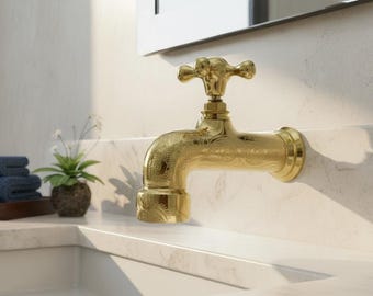 Hand-Engraved Gold-Plated Brass Wall Faucet, Moroccan Artisan Bathroom Tap Fixture