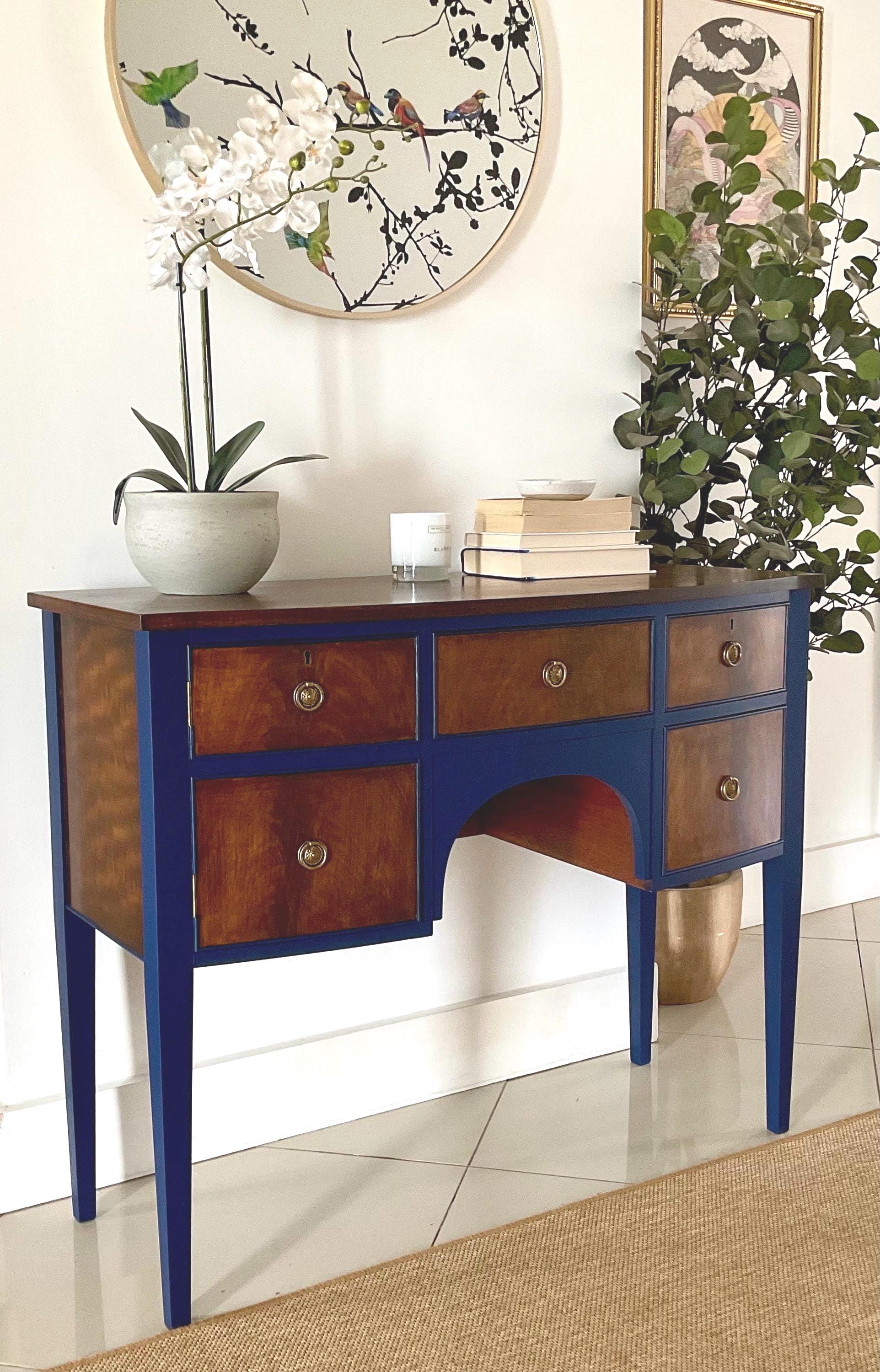 navy and gold dressing table Navy blue vintage Stag Minstrel dressing table set, refurbished