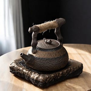 以下が含まれることがあります： ダークブラウンとベージュのストライプ模様の手作りティーポット。お揃いの正方形の台座に置かれています。ハンドルは木製で、紐で巻かれています。注ぎ口は角度がついており、蓋には小さなつまみがあります。