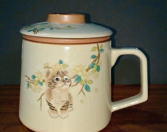 Vintage keramische kattenmok met deksel