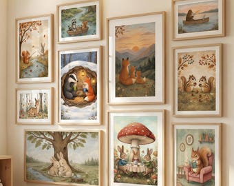 May include: A collection of framed watercolor art prints featuring woodland animals in various scenes. The prints include squirrels, foxes, rabbits, and other creatures in natural settings, with a warm, inviting color palette.