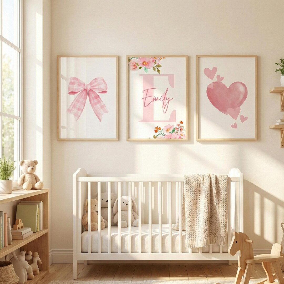 Personalized Nursery Art Set, Pink Floral Initial, Baby Girl Decor ...