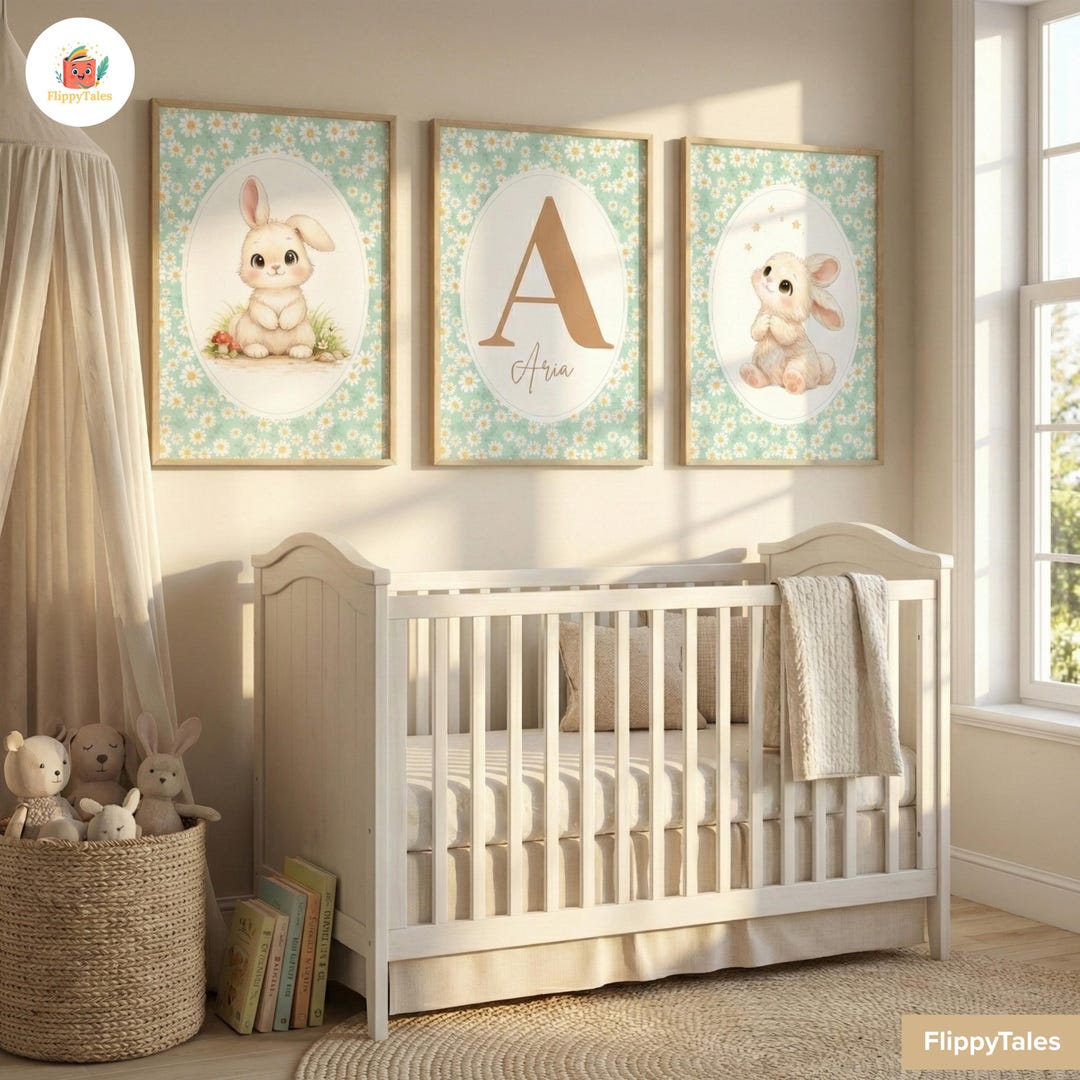 Personalized Bunny Nursery Art, Mint Green Floral Decor (set of 3 ...