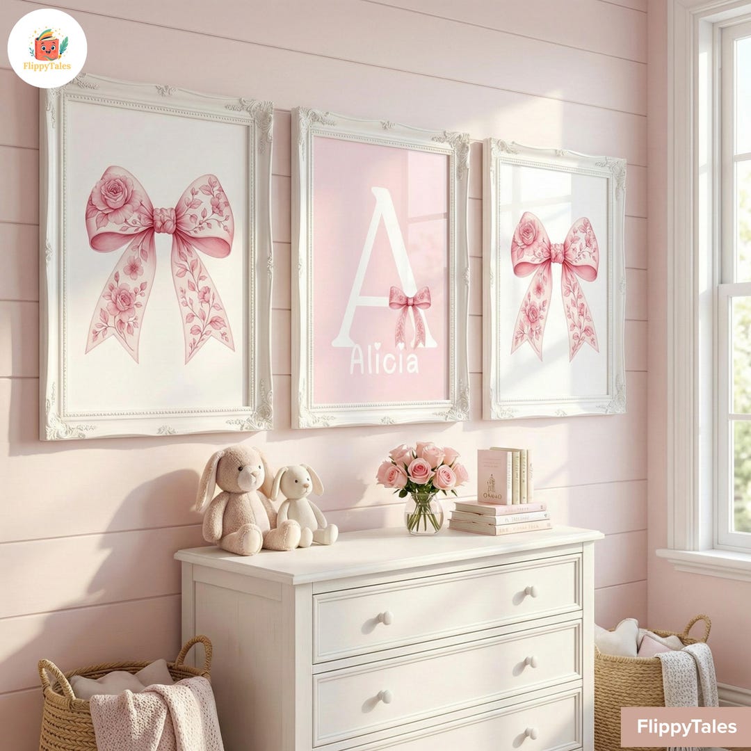 Personalized Pink Floral Bow Nursery Wall Art, Baby Girl Name Print Set ...