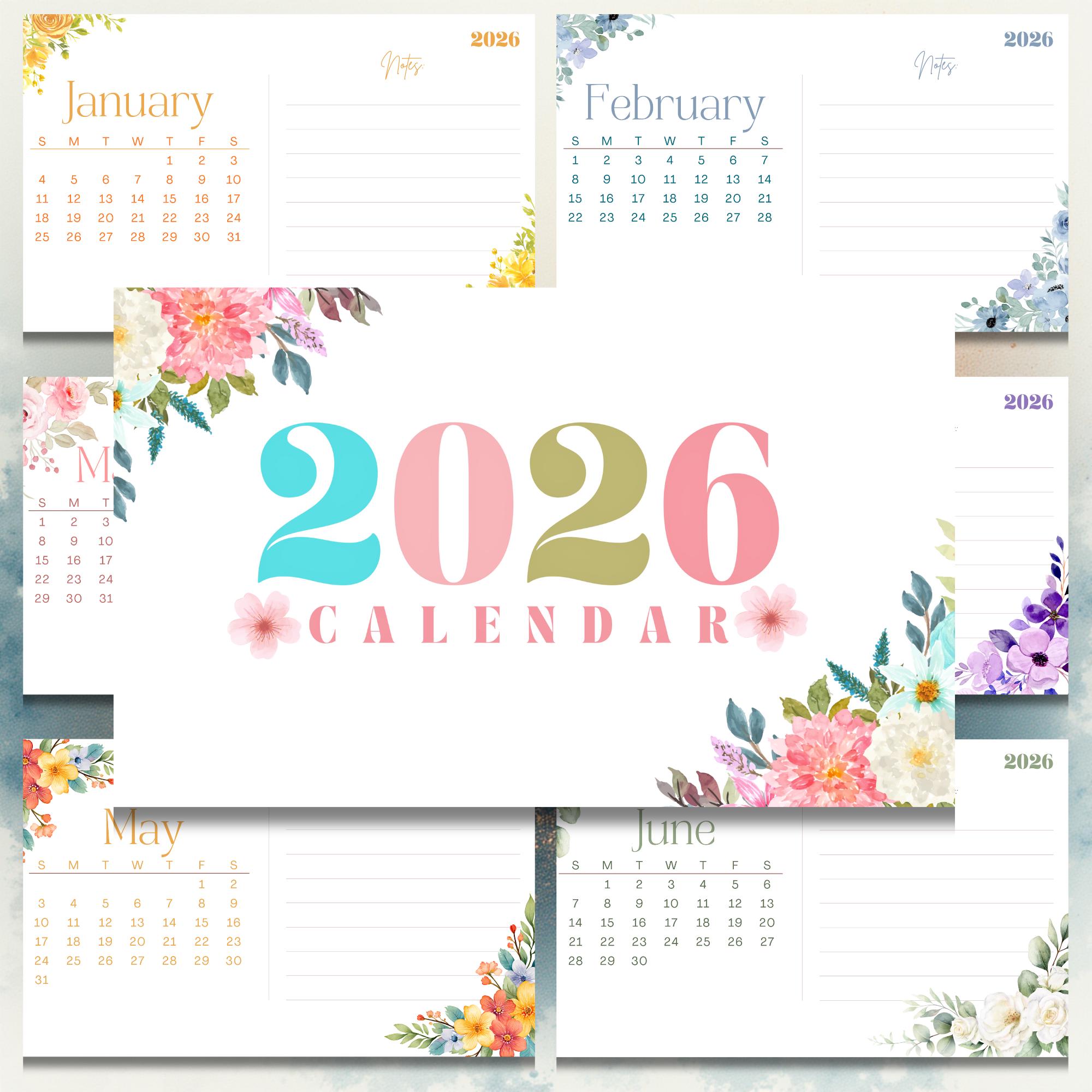 2026 Floral Watercolor Calendar | Printable Monthly Planner (PDF) - Etsy UK
