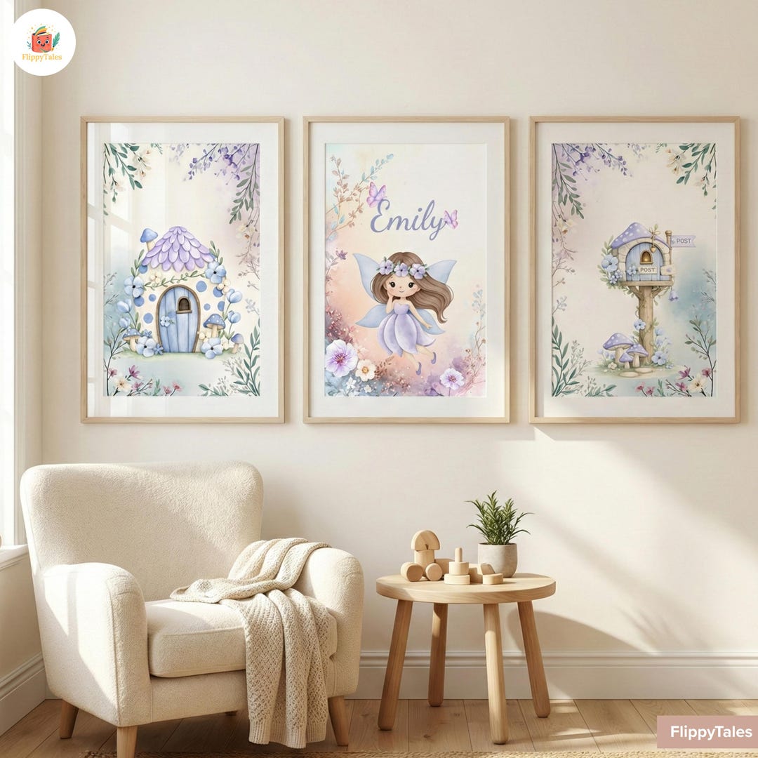 Personalized Fairy Nursery Art Set, Custom Name Prints, Purple ...